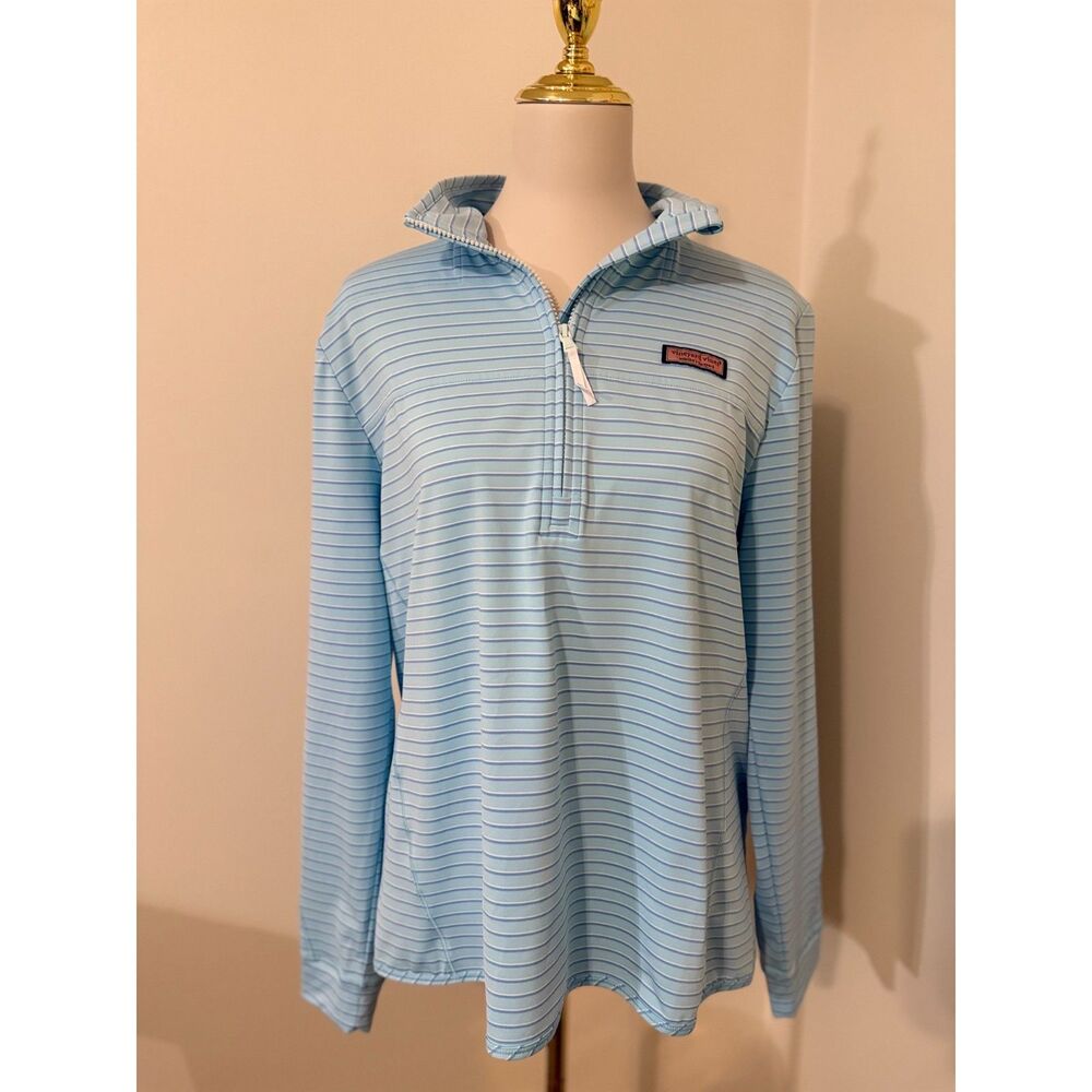 Vineyard Vines Womens L Sankaty Shep Shirt Blue Stripe 1/4 Zip Performance